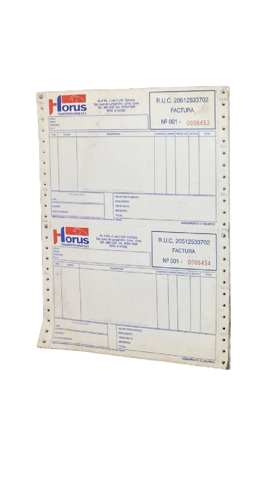 Factura comercial impresa en formato continuo autocopiativo