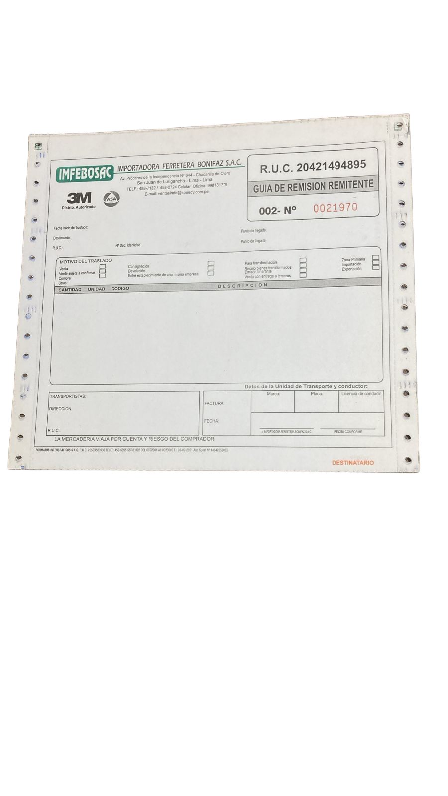 Guía de remisión remitente en formato continuo con casilleros SUNAT