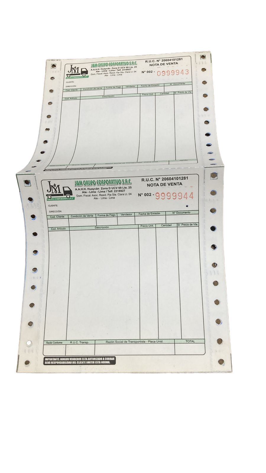 Nota de venta corporativa en papel químico continuo