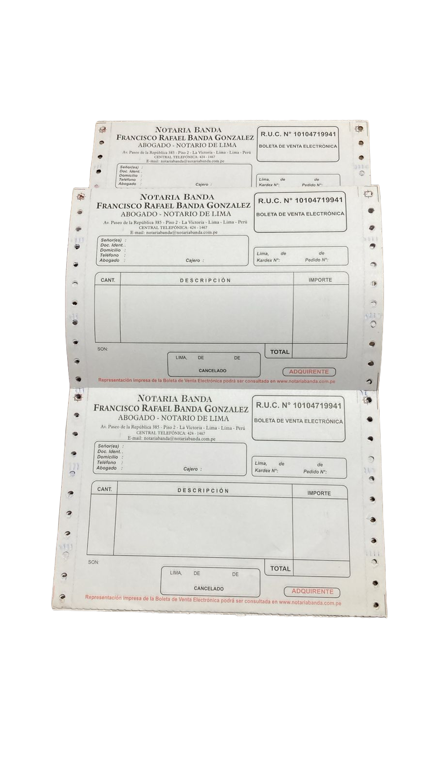 Representación física de boleta de venta electrónica en formato continuo