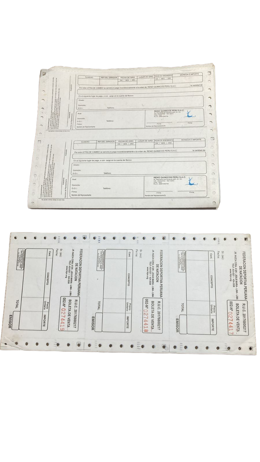 Letras de cambio y boletas corporativas impresas en continuo
