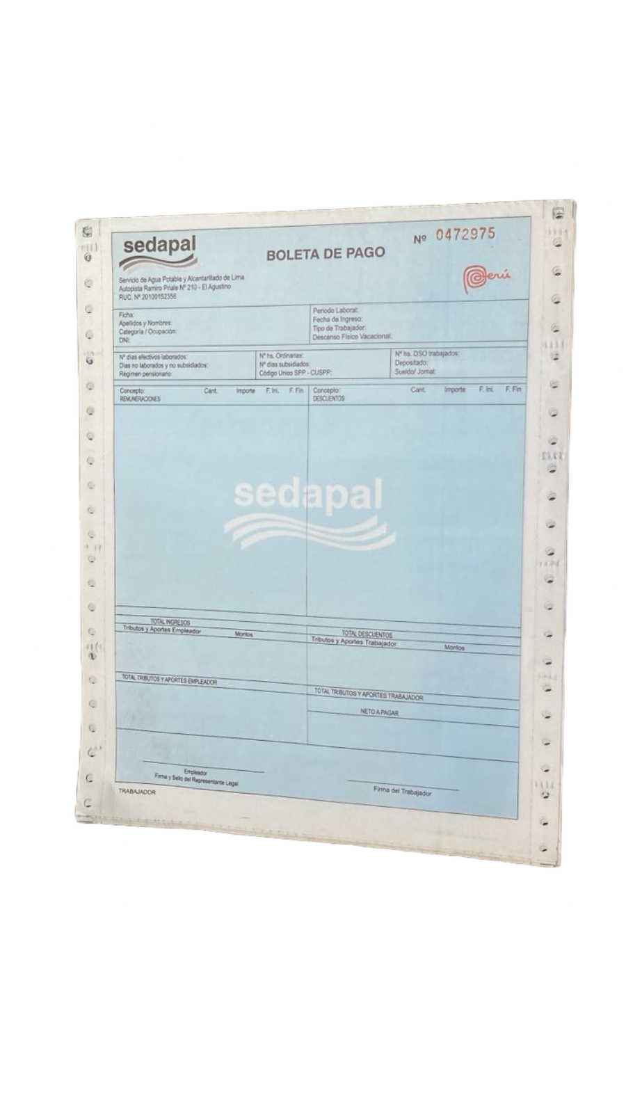 Boleta de pago en formato continuo de seguridad para colaboradores